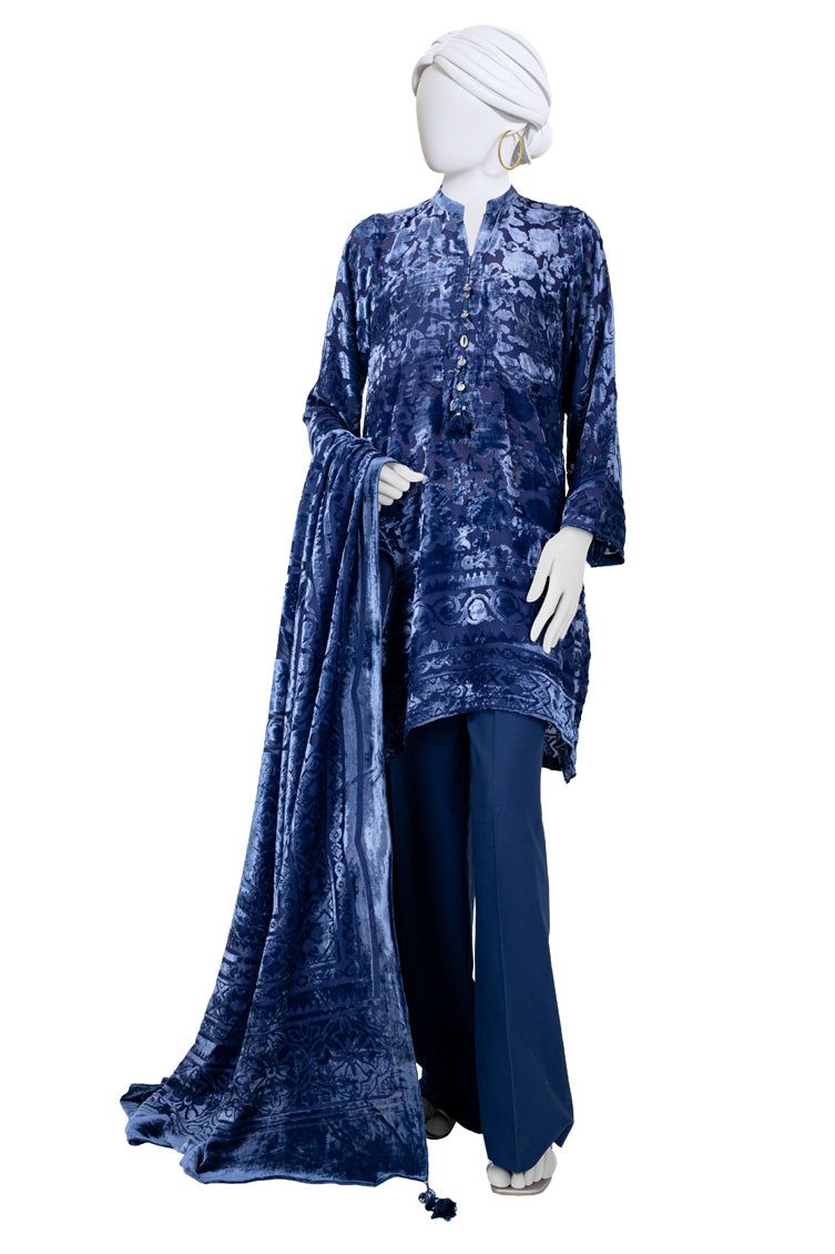 Polyester Blue Unstitched Suit - J. Junaid Jamshed