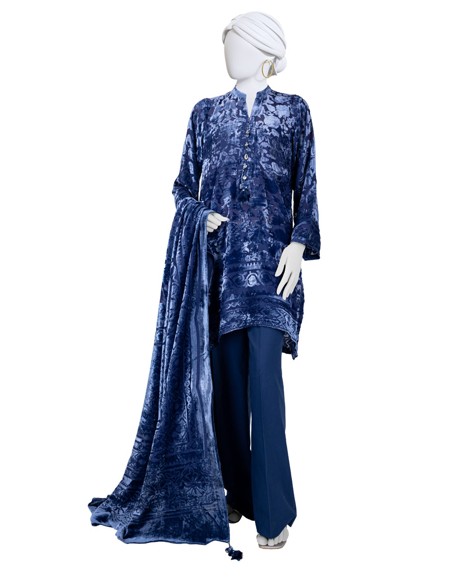 Polyester Blue Unstitched Suit - J. Junaid Jamshed