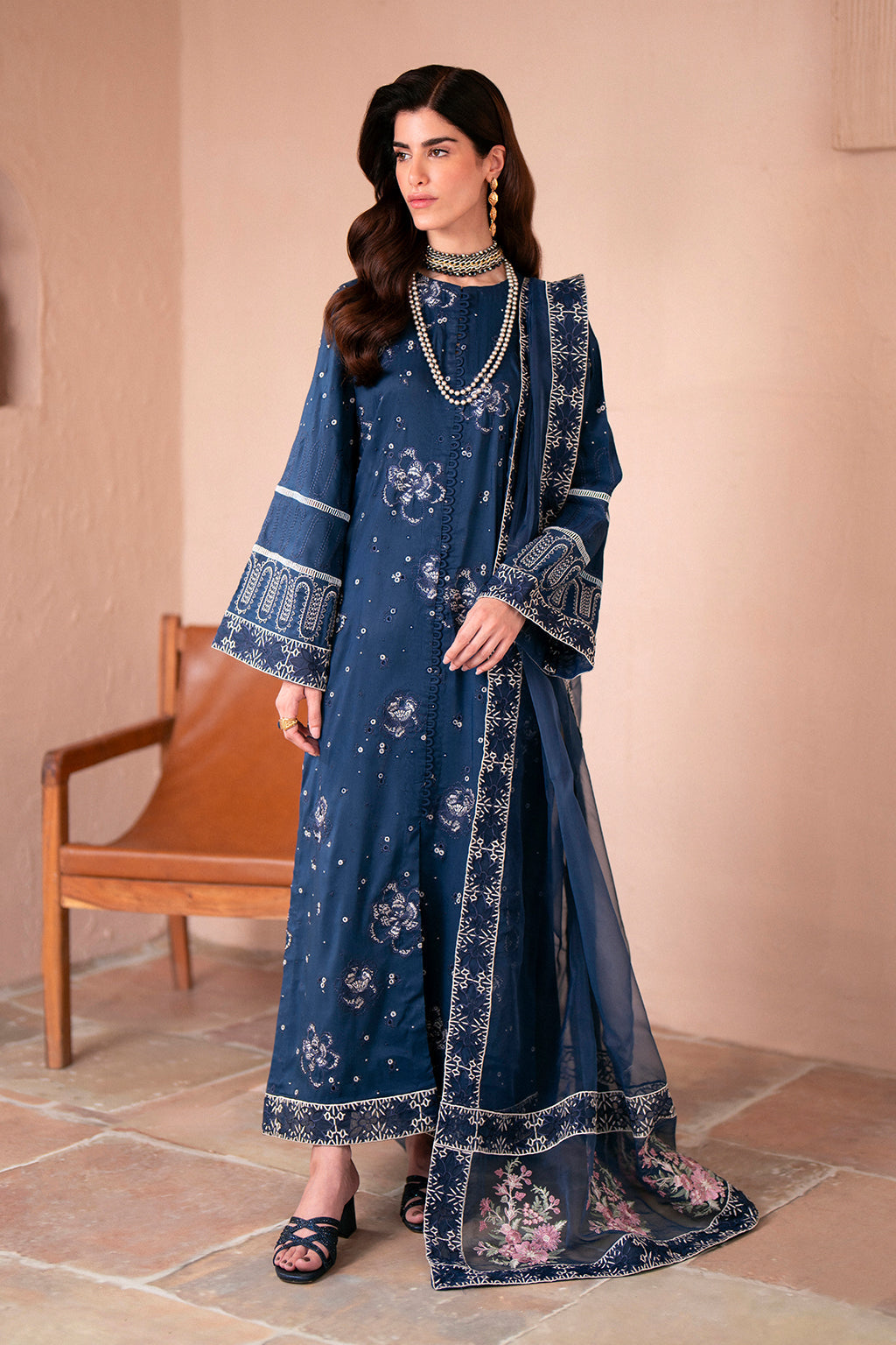 Silk Lawn & Organza Navy Blue Stitched Luxury Suit - Vanya