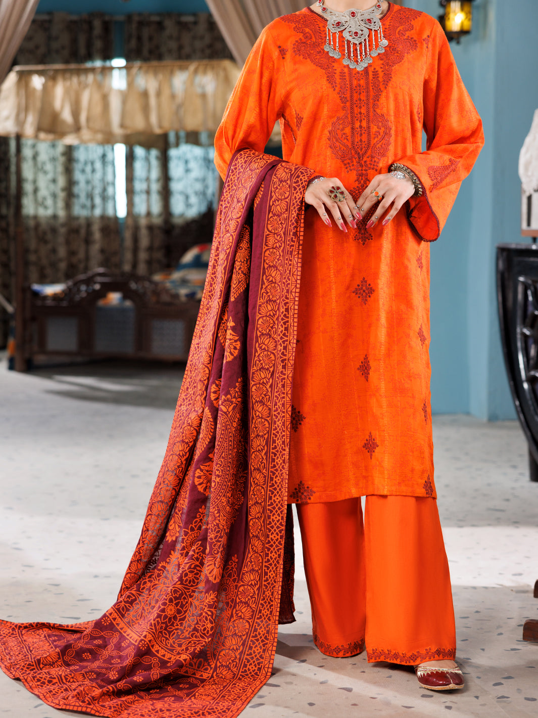 Cotton Dobby Orange Unstitched Suit - Almirah