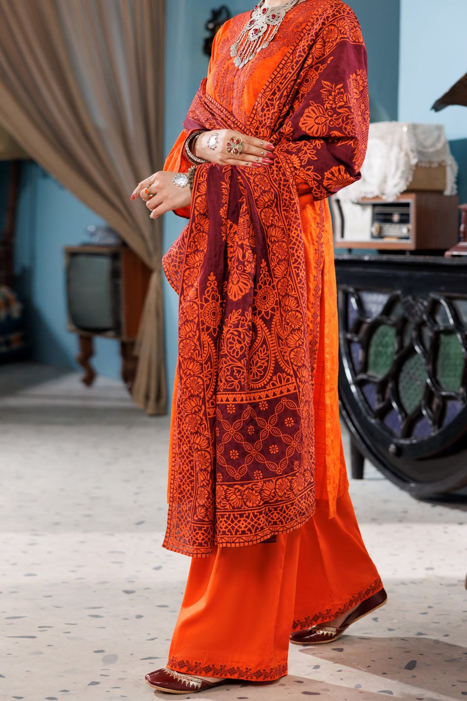 Cotton Dobby Orange Stitched Suit - Almirah
