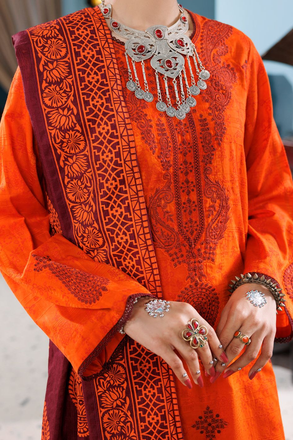 Cotton Dobby Orange Stitched Suit - Almirah