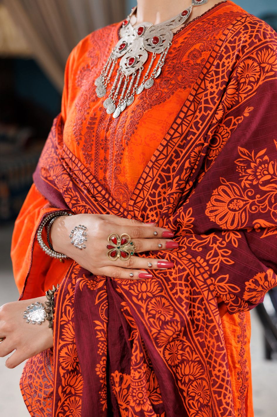 Cotton Dobby Orange Stitched Suit - Almirah