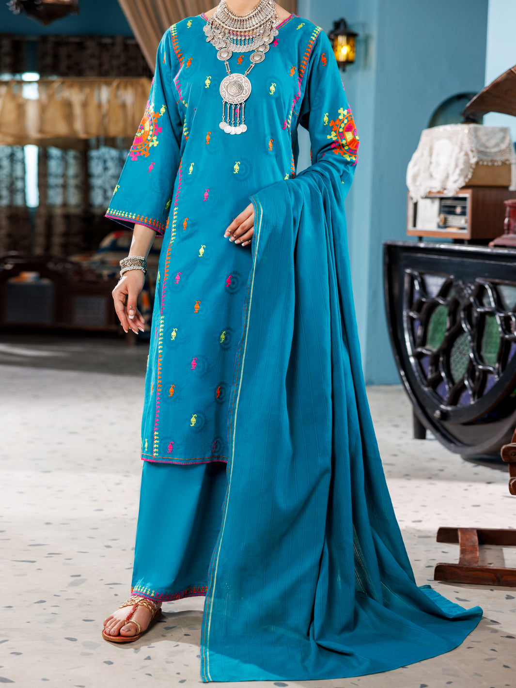 Jacquard Sea green Unstitched Suit - Almirah