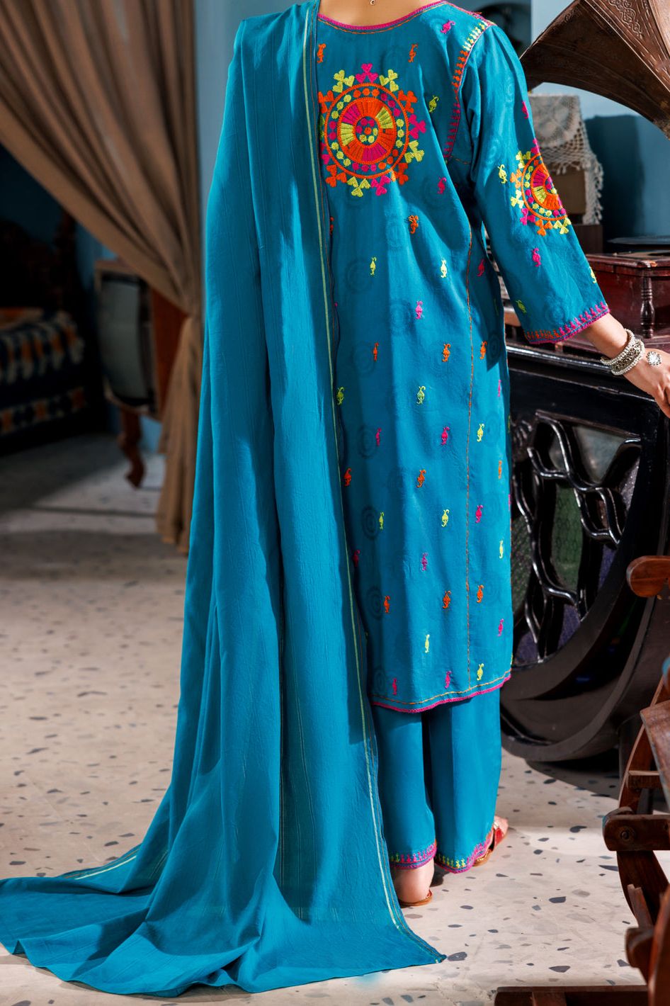 Jacquard Sea green Stitched Suit - Almirah