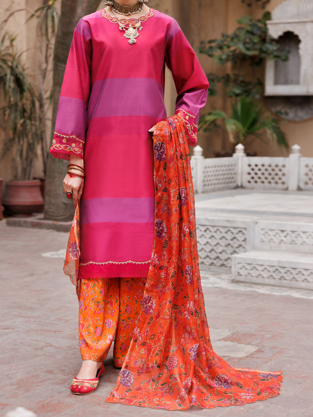 Yarn Dyed Fuchsia Stitched Suit - Almirah