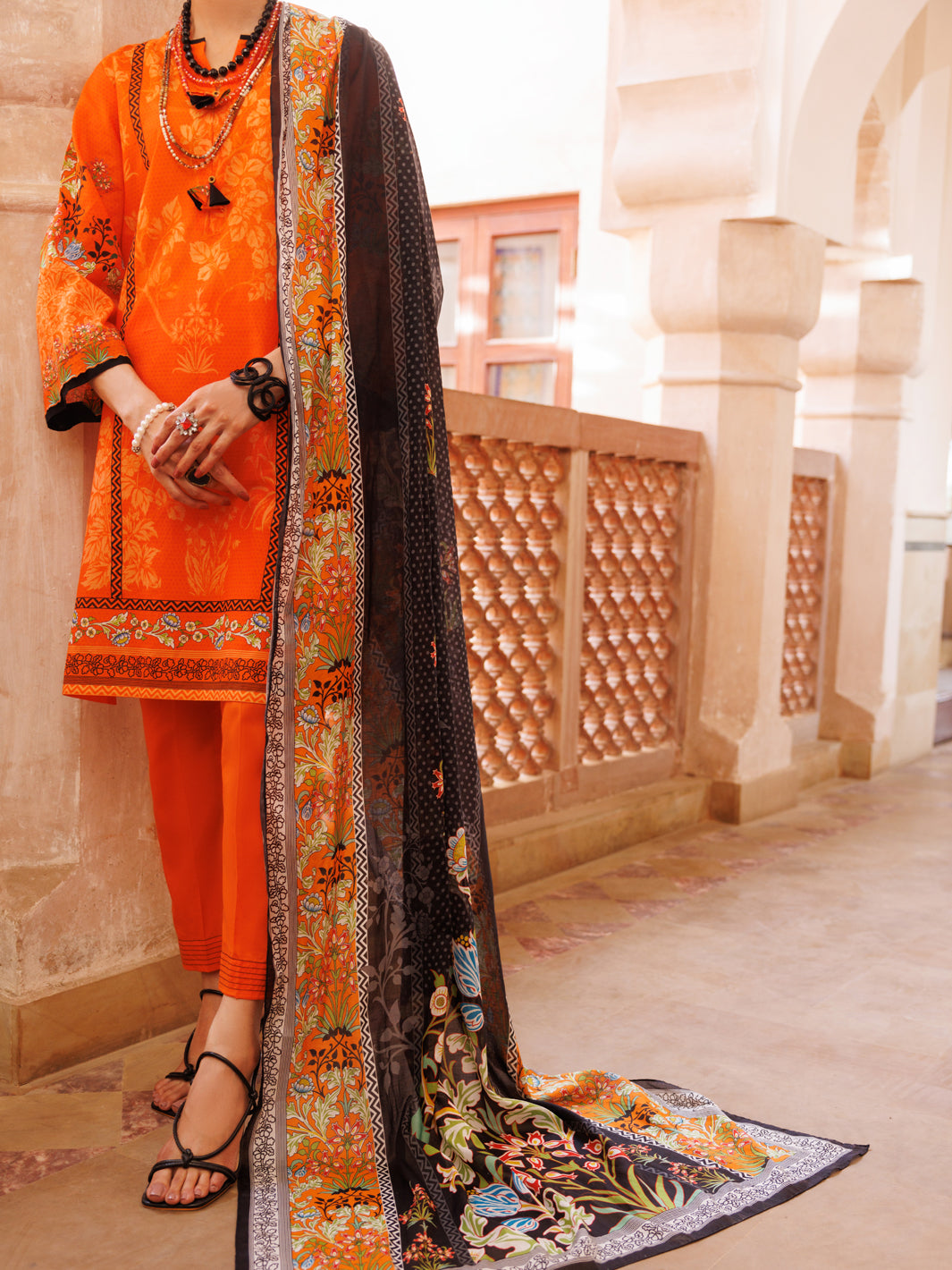 Lawn Orange 3 Piece Unstitched Suit - Almirah