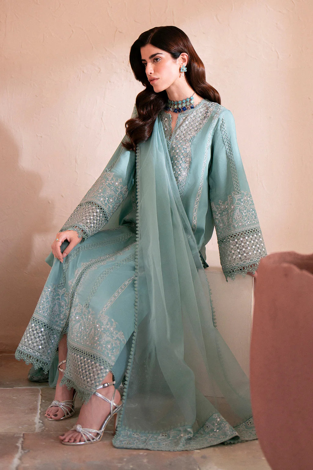 Silk Lawn & Organza Teal Stitched Luxury Suit - Vanya