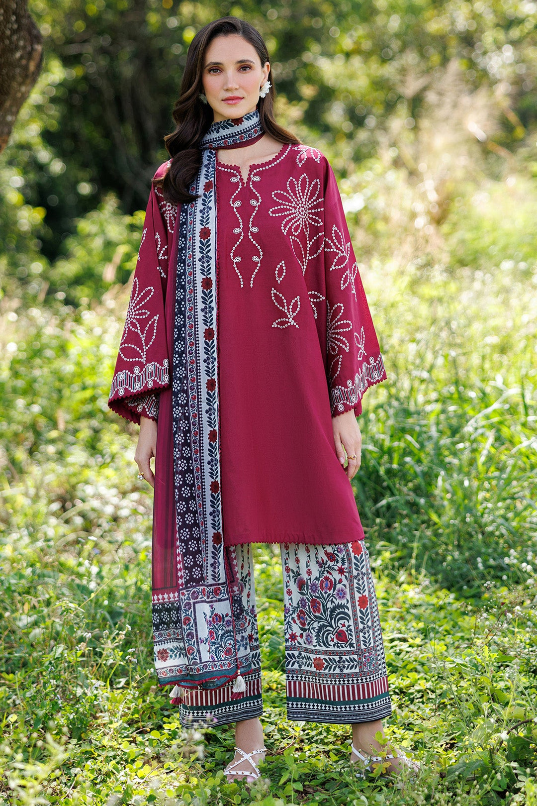 Embroidered Lawn Maroon Stitched Suit - Jazmin