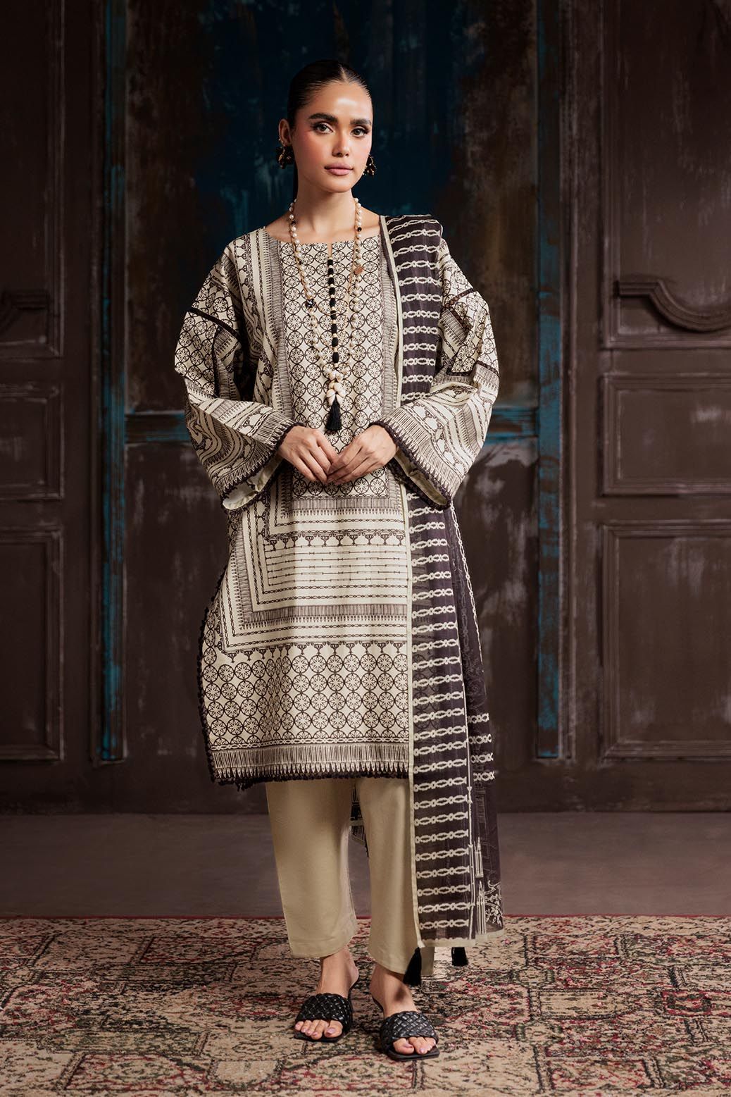 Textured Cambric Beige Unstitched Suit - Bonanza