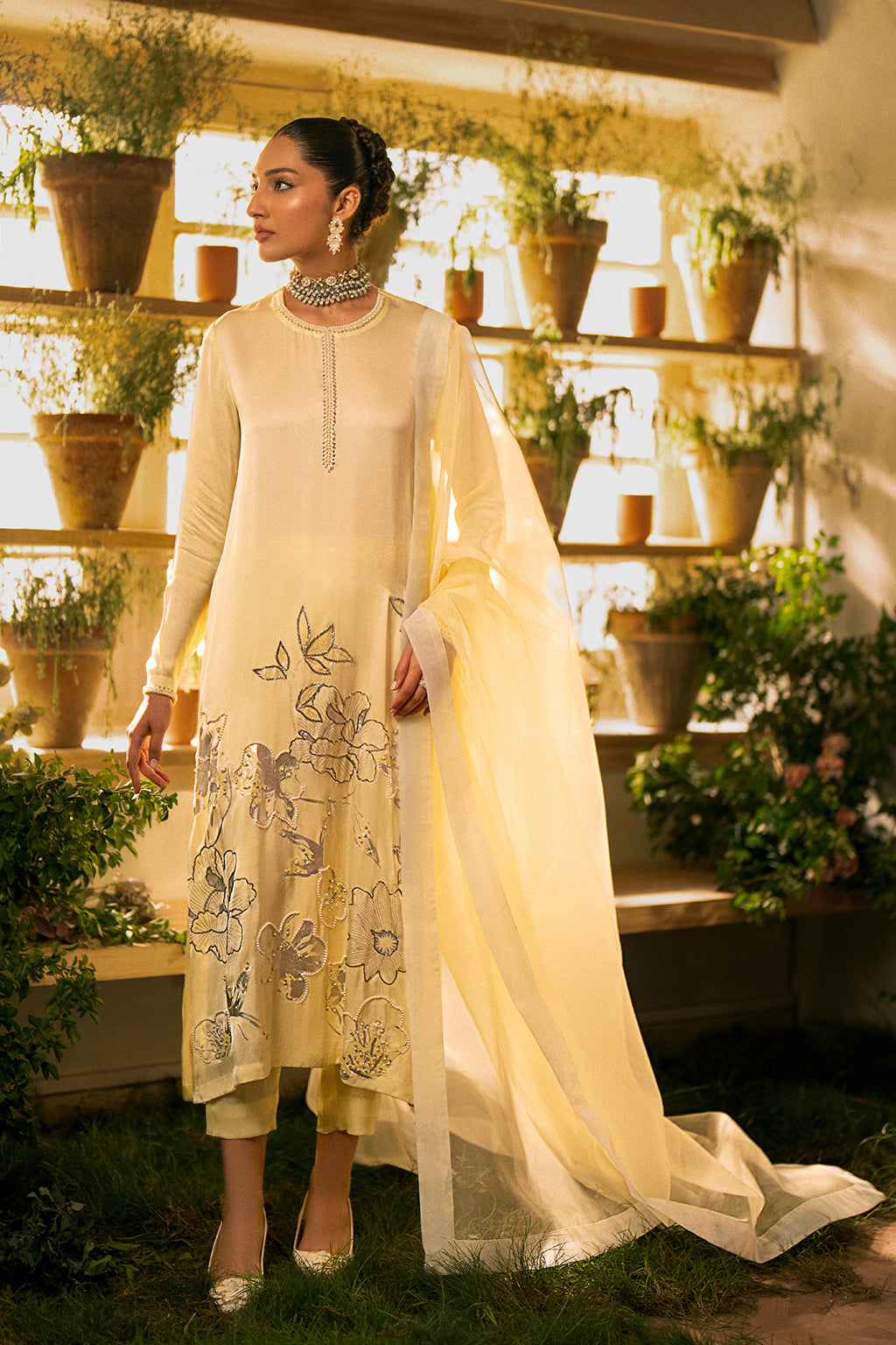 Korean Silk Light Yellow Stitched Meraki Formal Collection - Vanya