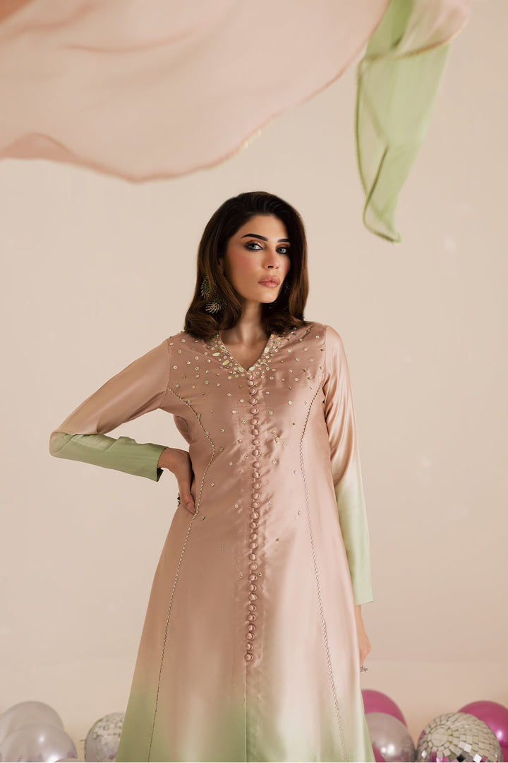 Charmeuse Silk & Chiffon Beige Stitched Suit - Vanya