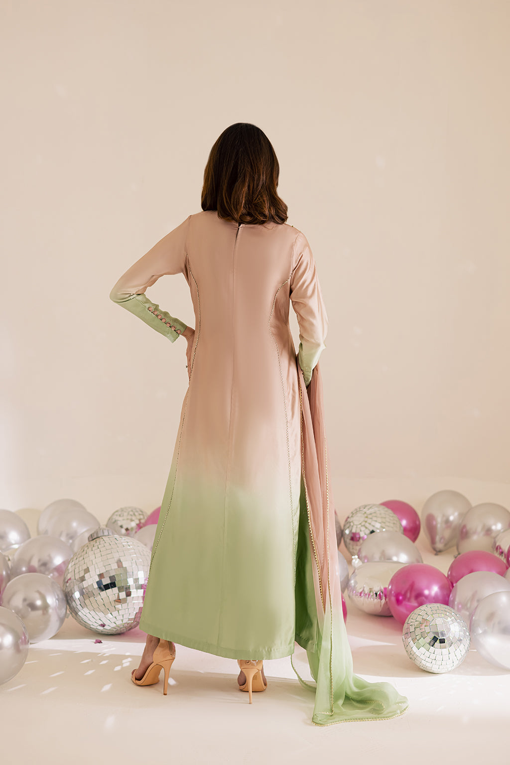 Charmeuse Silk & Chiffon Beige Stitched Suit - Vanya