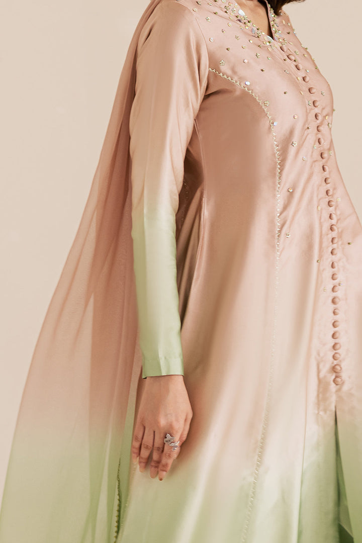 Charmeuse Silk & Chiffon Beige Stitched Suit - Vanya