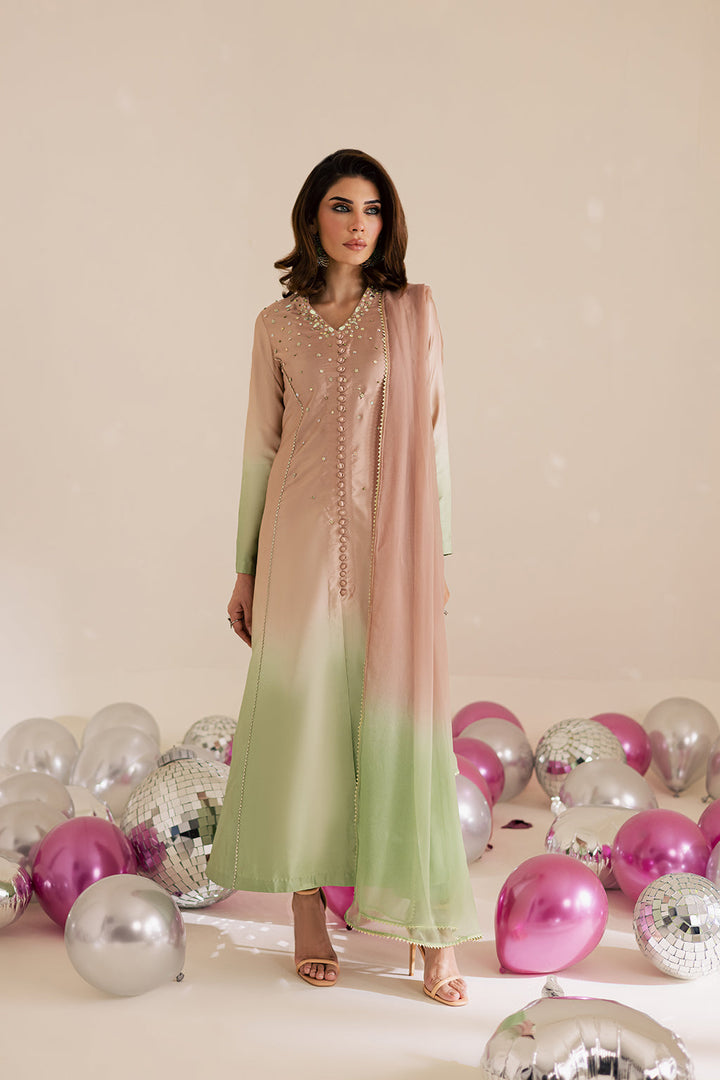 Charmeuse Silk & Chiffon Beige Stitched Suit - Vanya