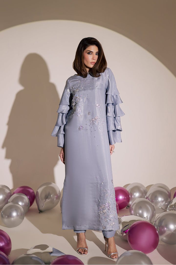 Charmeuse Silk Grey Stitched Suit - Vanya