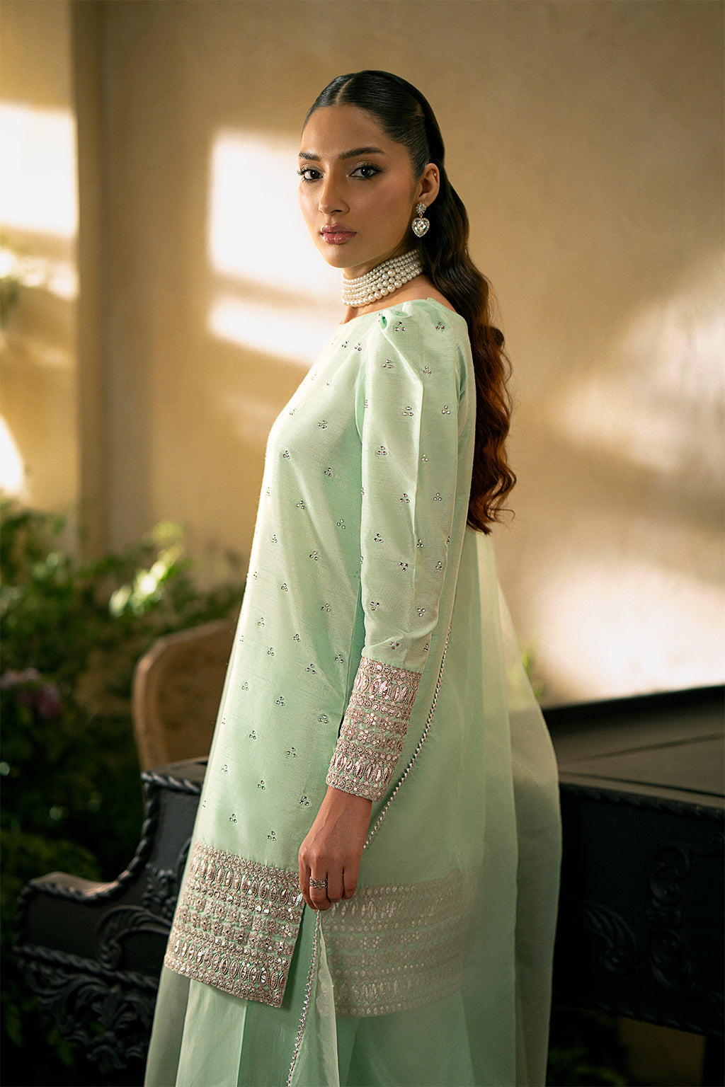 Cherry Silk & Organza Light Green Stitched Meraki Formal Collection - Vanya