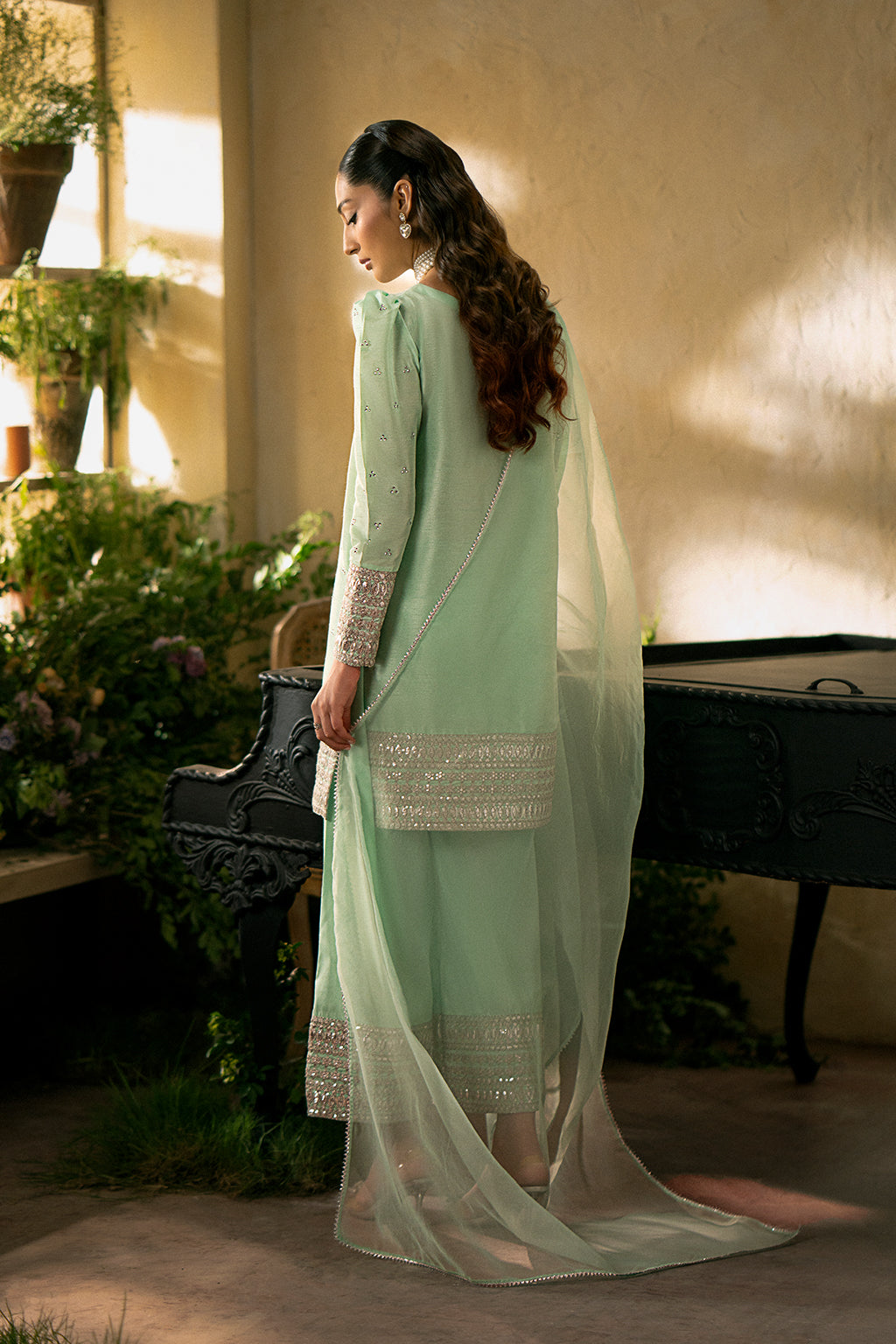 Cherry Silk & Organza Light Green Stitched Meraki Formal Collection - Vanya