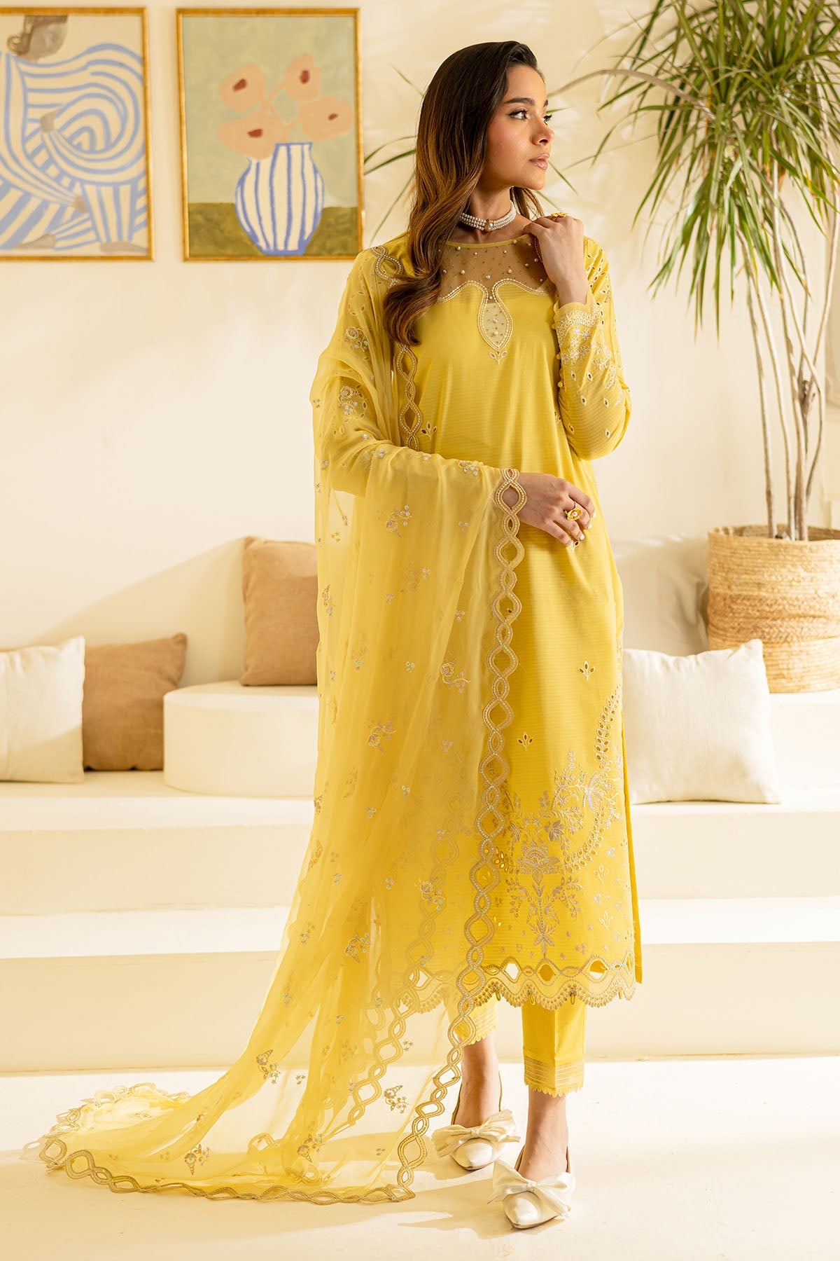 Dorya Lawn Yellow Stitched Suit - Nureh