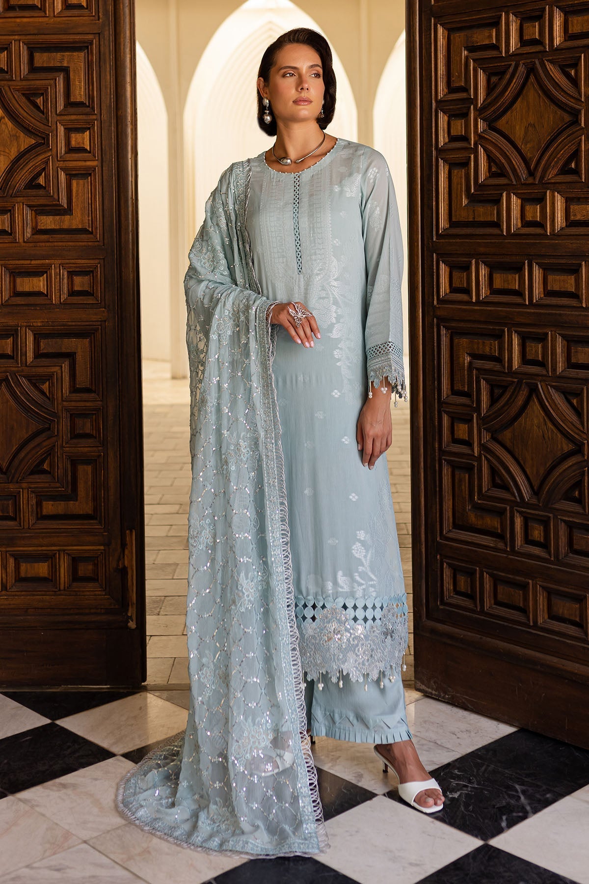 Embroidered Lawn Jacquard Light Grey Stitched Suit - Nureh