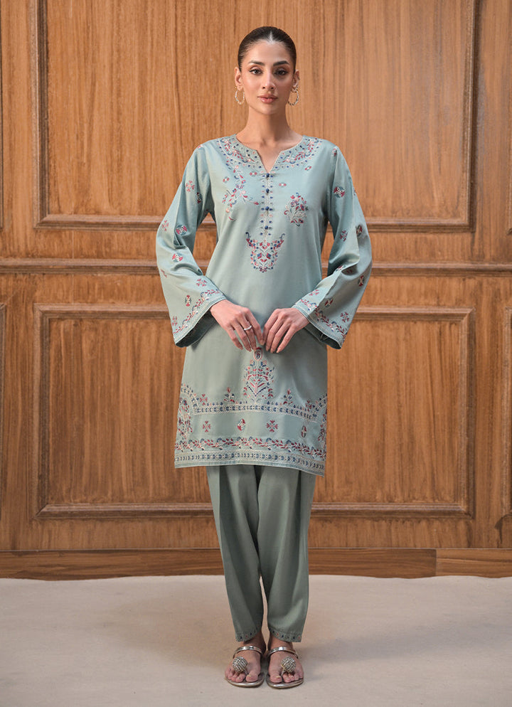 Cotton Satin Sea Foam Stitched Suit - Image