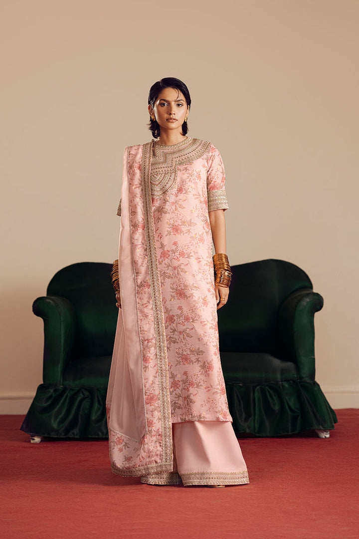 Cotton Brosha, Raw Silk & Chiffon Peach Stitched Suit - Vanya