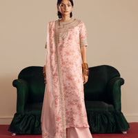 Cotton Brosha, Raw Silk & Chiffon Peach Stitched Suit - Vanya