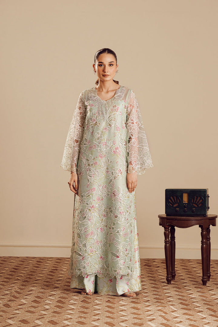 Charmeuse Silk & Organza Pista Stitched Suit - Vanya