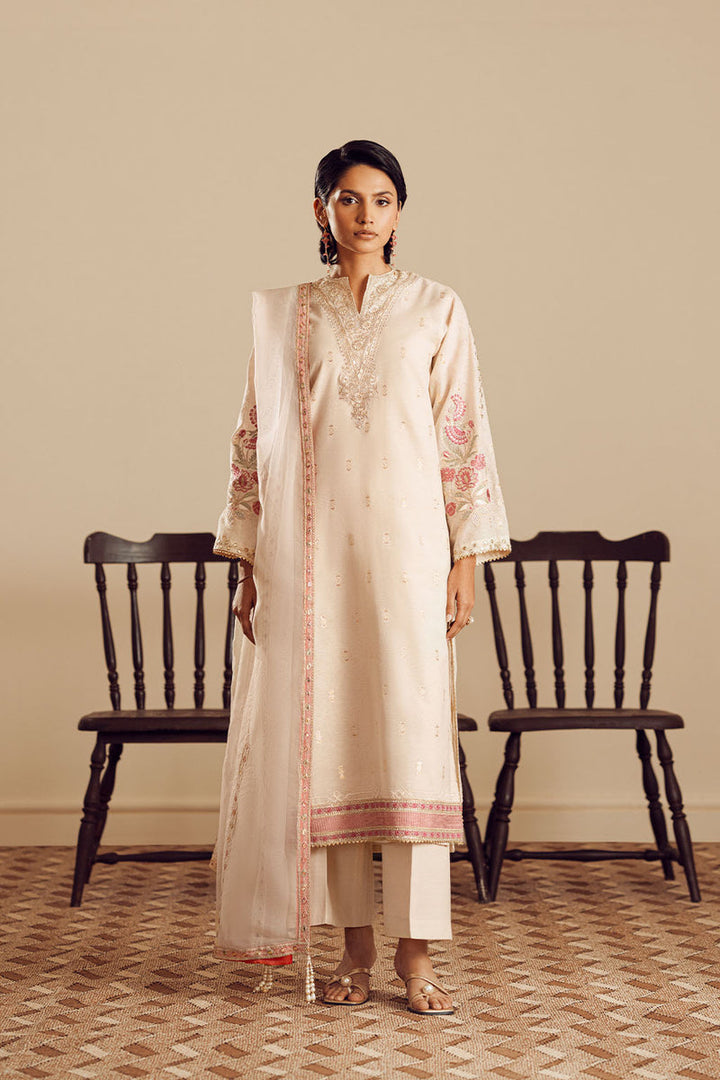 Cotton Brosha, Raw Silk & Organza Off White Stitched Suit - Vanya