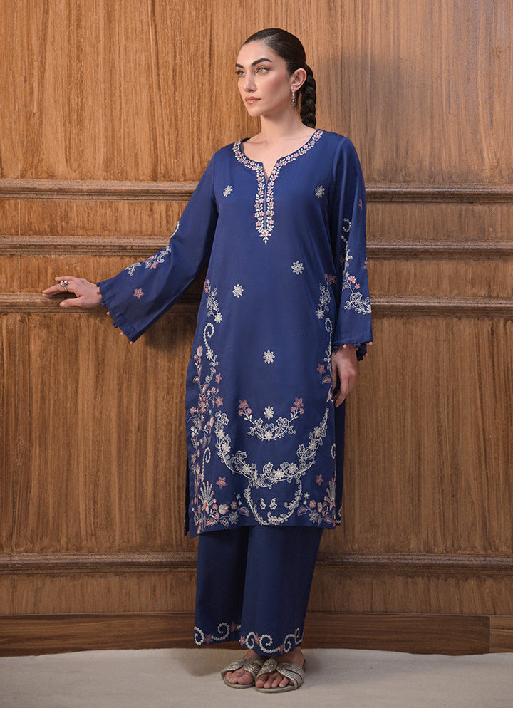 Cotton Satin Blue Stitched Suit - Image