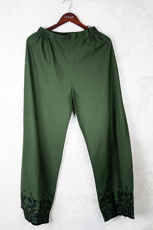 Cotton Embroidered Green Ladies Trouser - Almirah