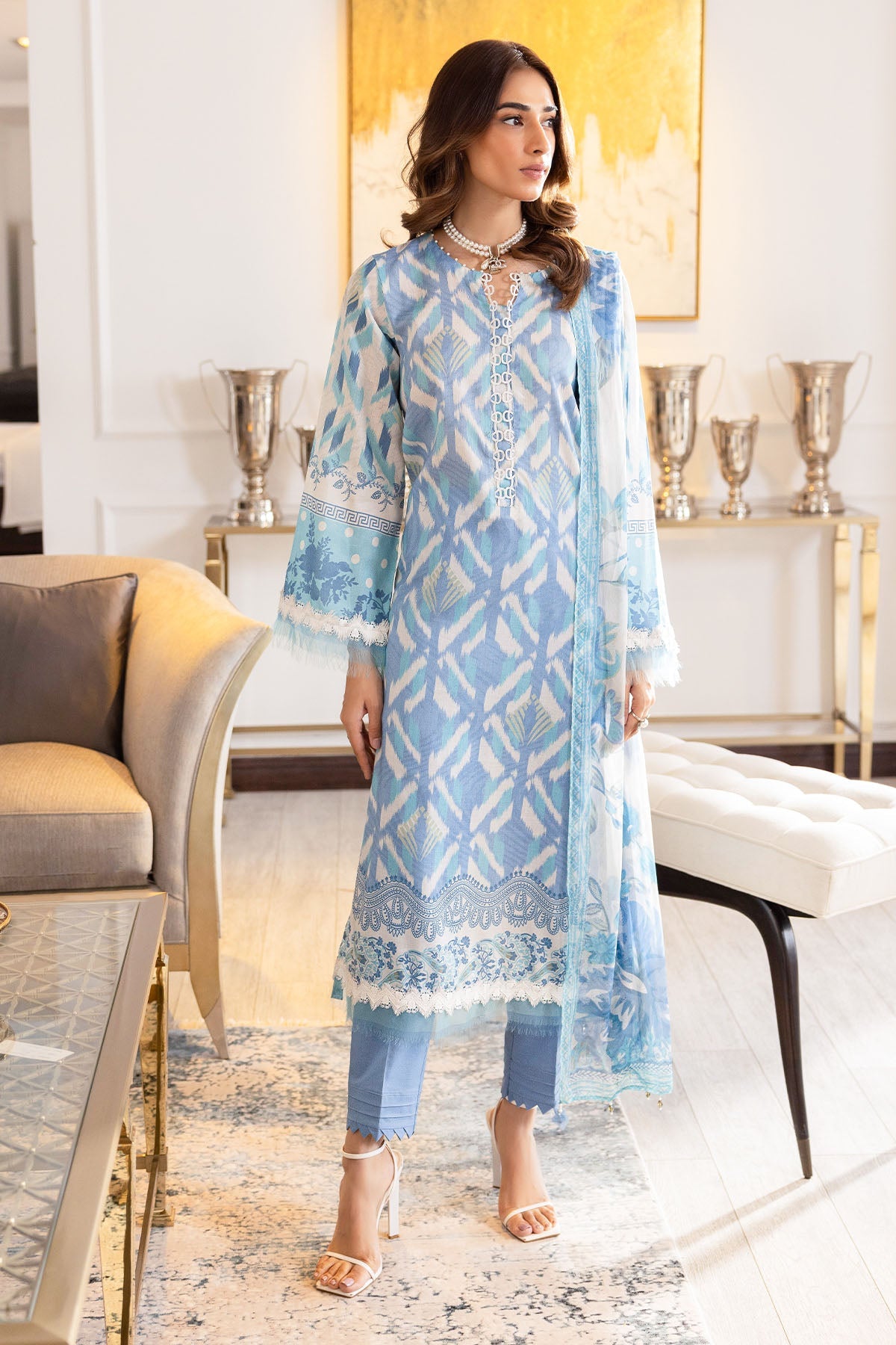 Lawn Blue & White Stitched Signature Prints - Nureh