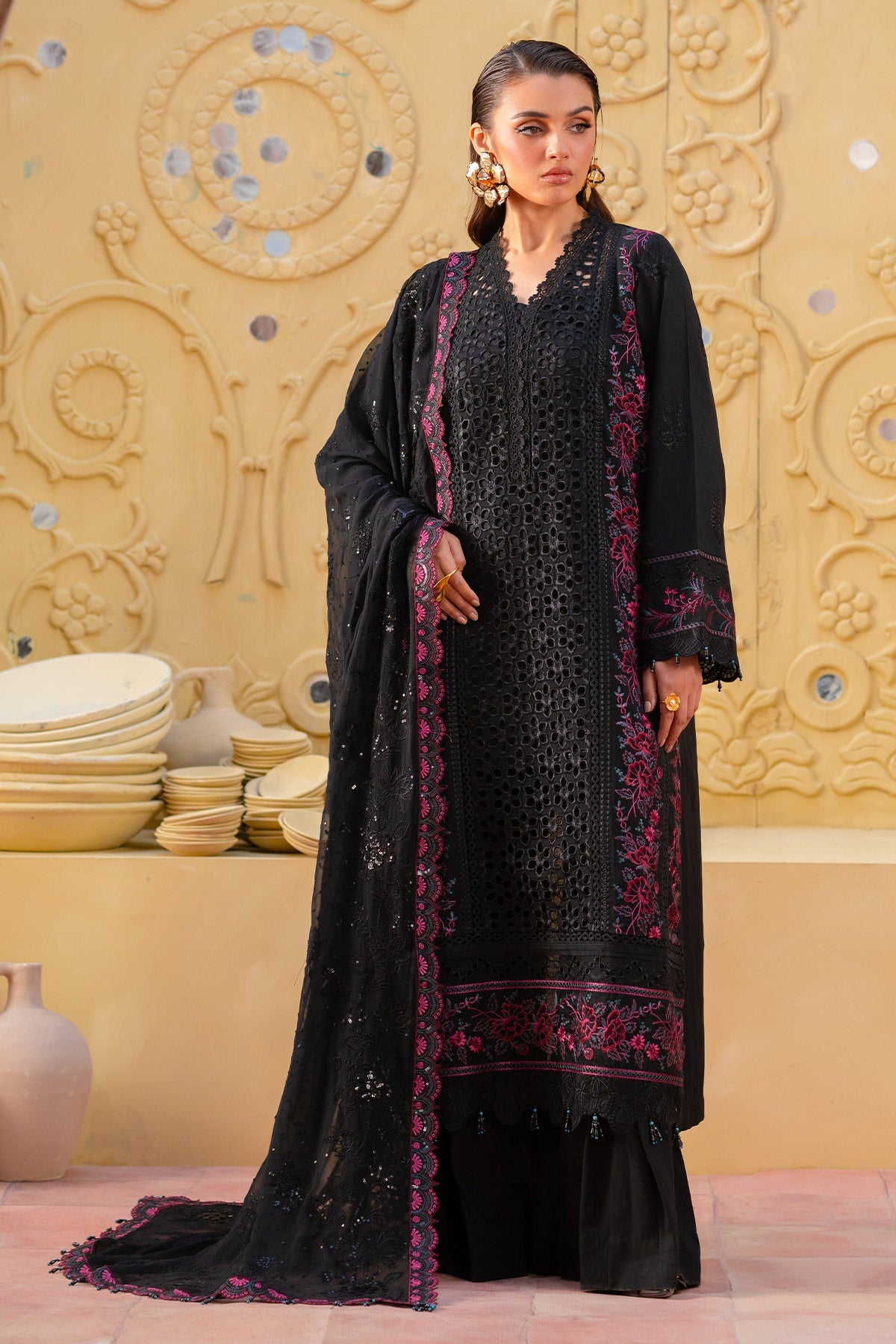 Embroidered Karandi Black Stitched Suit - Nureh