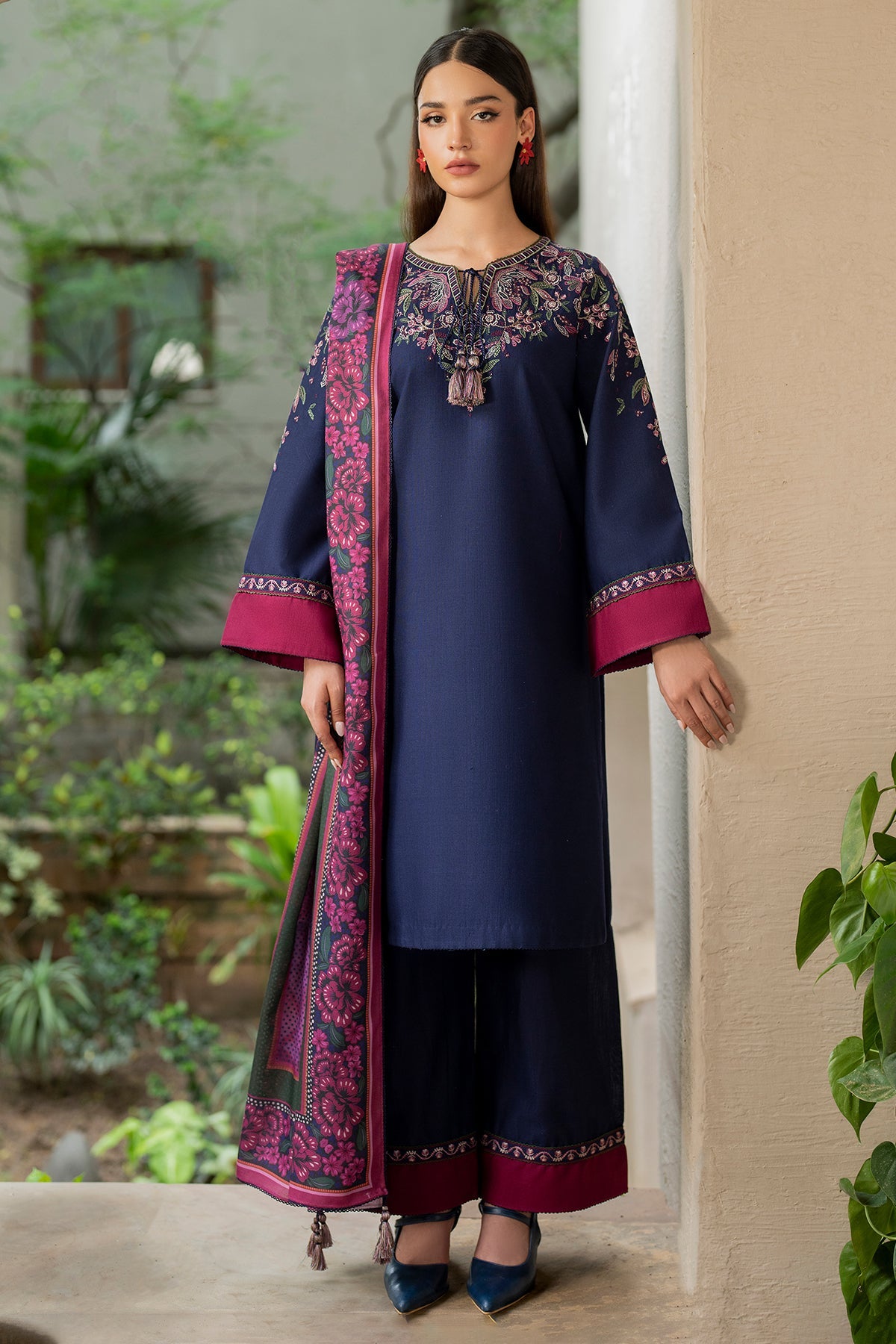 Embroidered Khaddar Navy Blue Stitched Suit - Jazmin