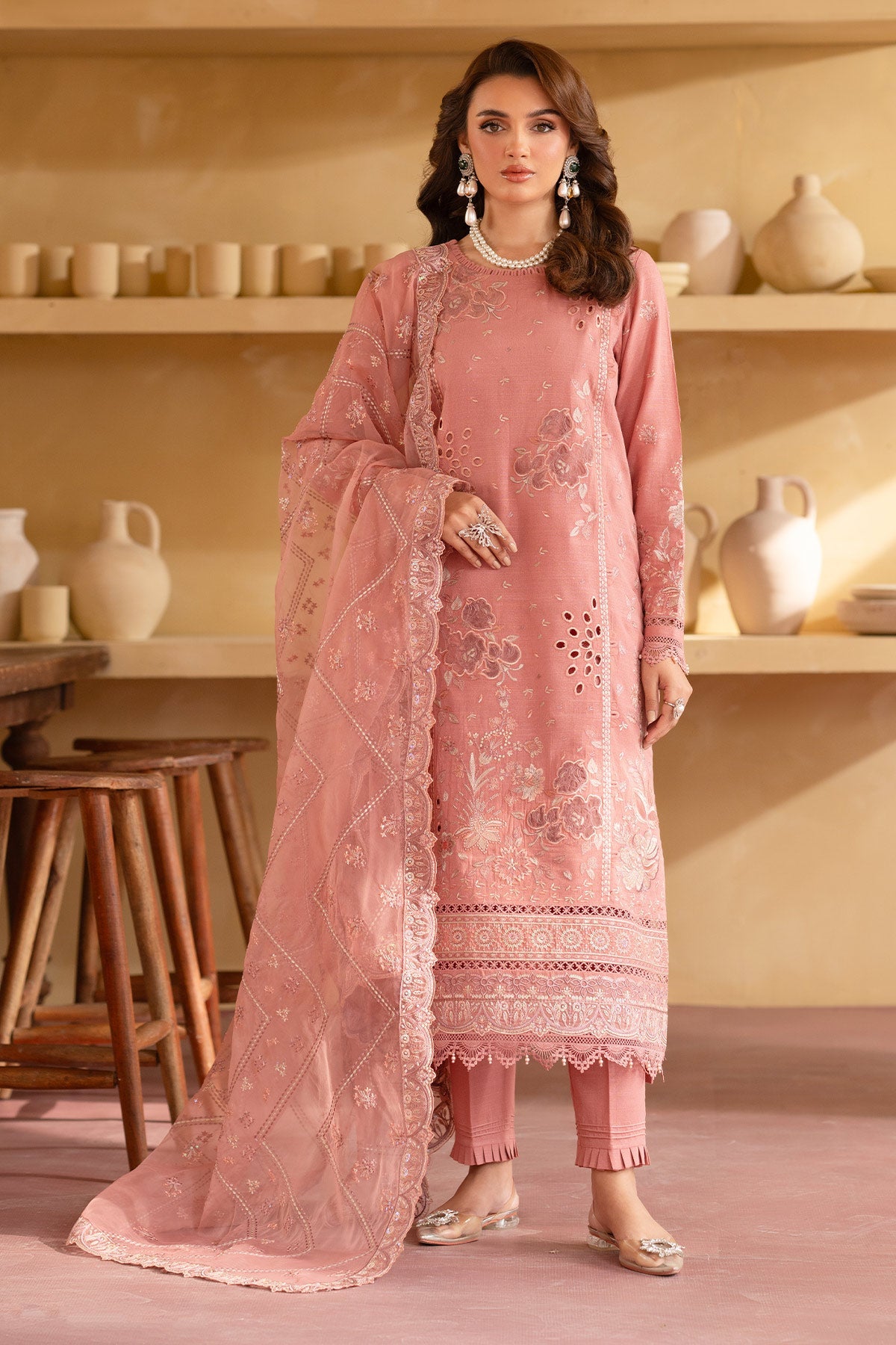 Embroidered Laser Cut Karandi Peach Stitched Suit - Nureh