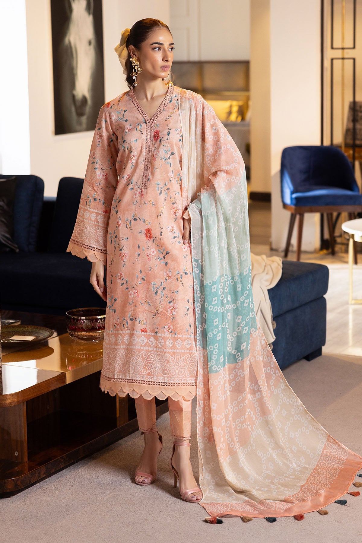 Lawn Peach Stitched Signature Prints - Nureh