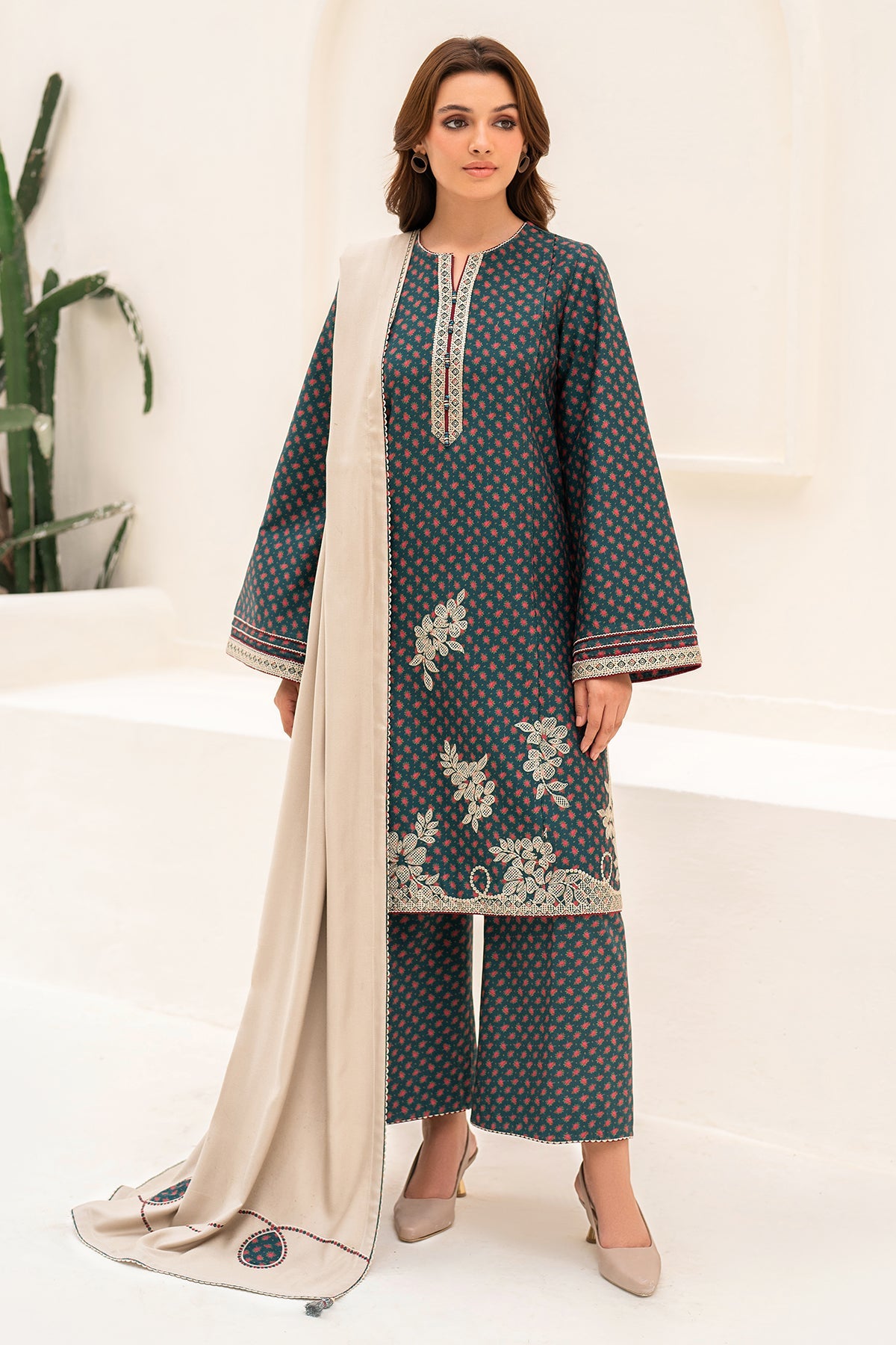 Digital Printed Embroidered Premium Viscose Green Stitched Suit - Jazmin