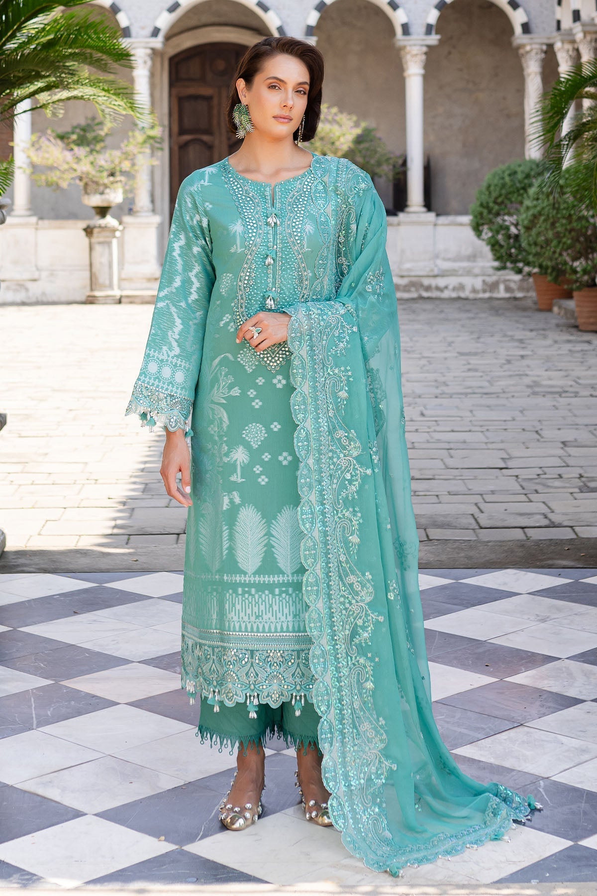 Embroidered Lawn Jacquard Light Green Stitched Suit - Nureh