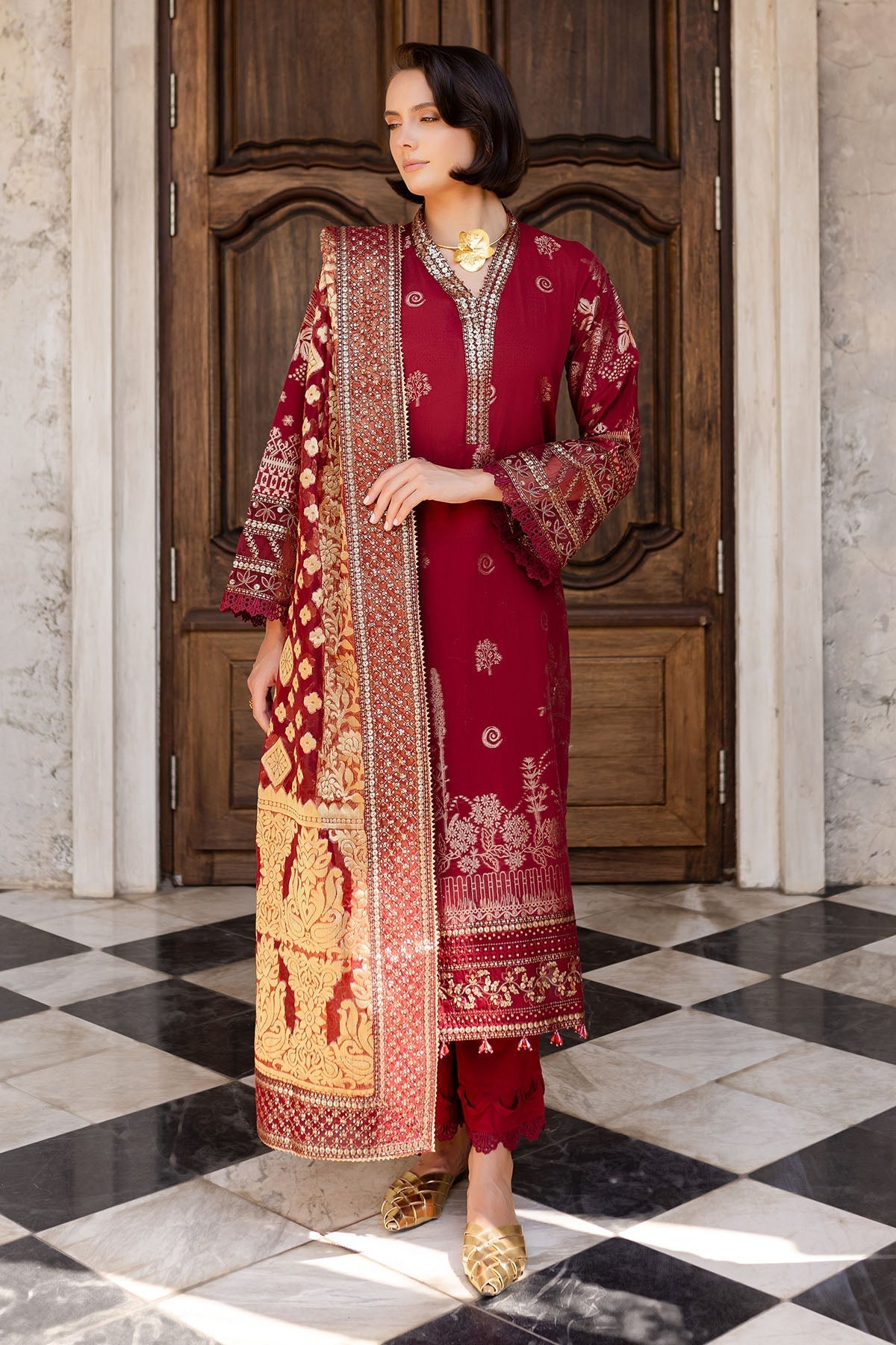 Embroidered Lawn Jacquard Maroon Stitched Suit - Nureh