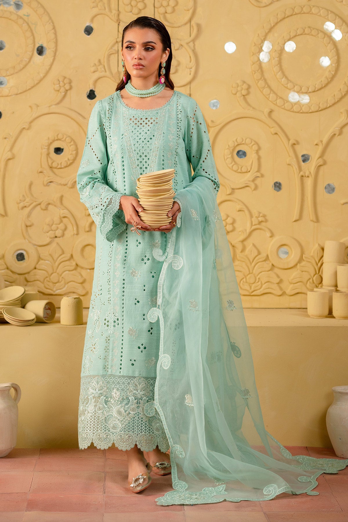 Embroidered Karandi Cyan Stitched Suit - Nureh