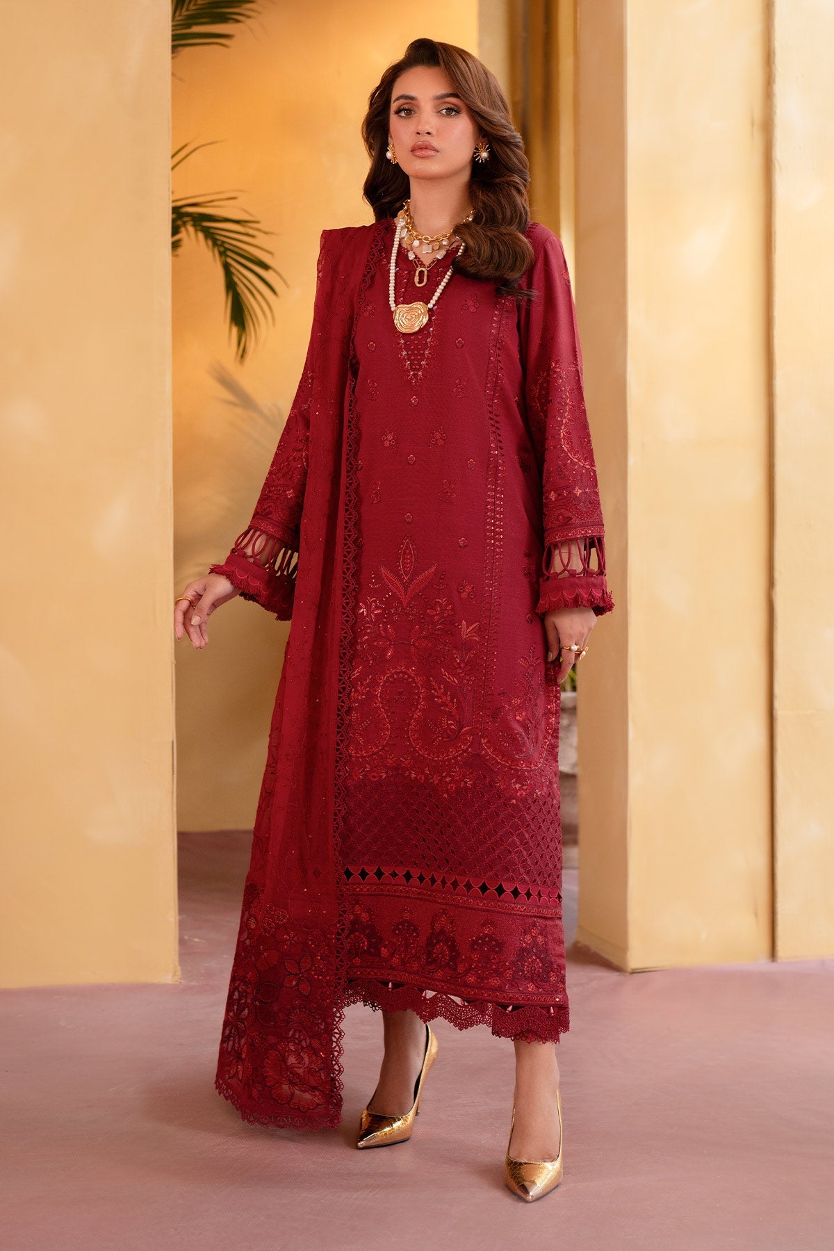 Embroidered Karandi Red Stitched Suit - Nureh