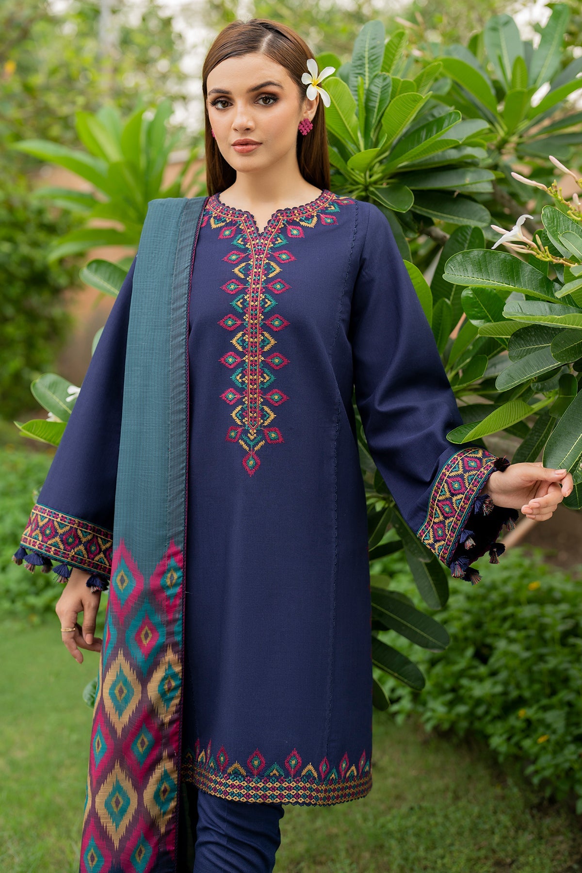 Embroidered Khaddar Blue Stitched Suit - Jazmin