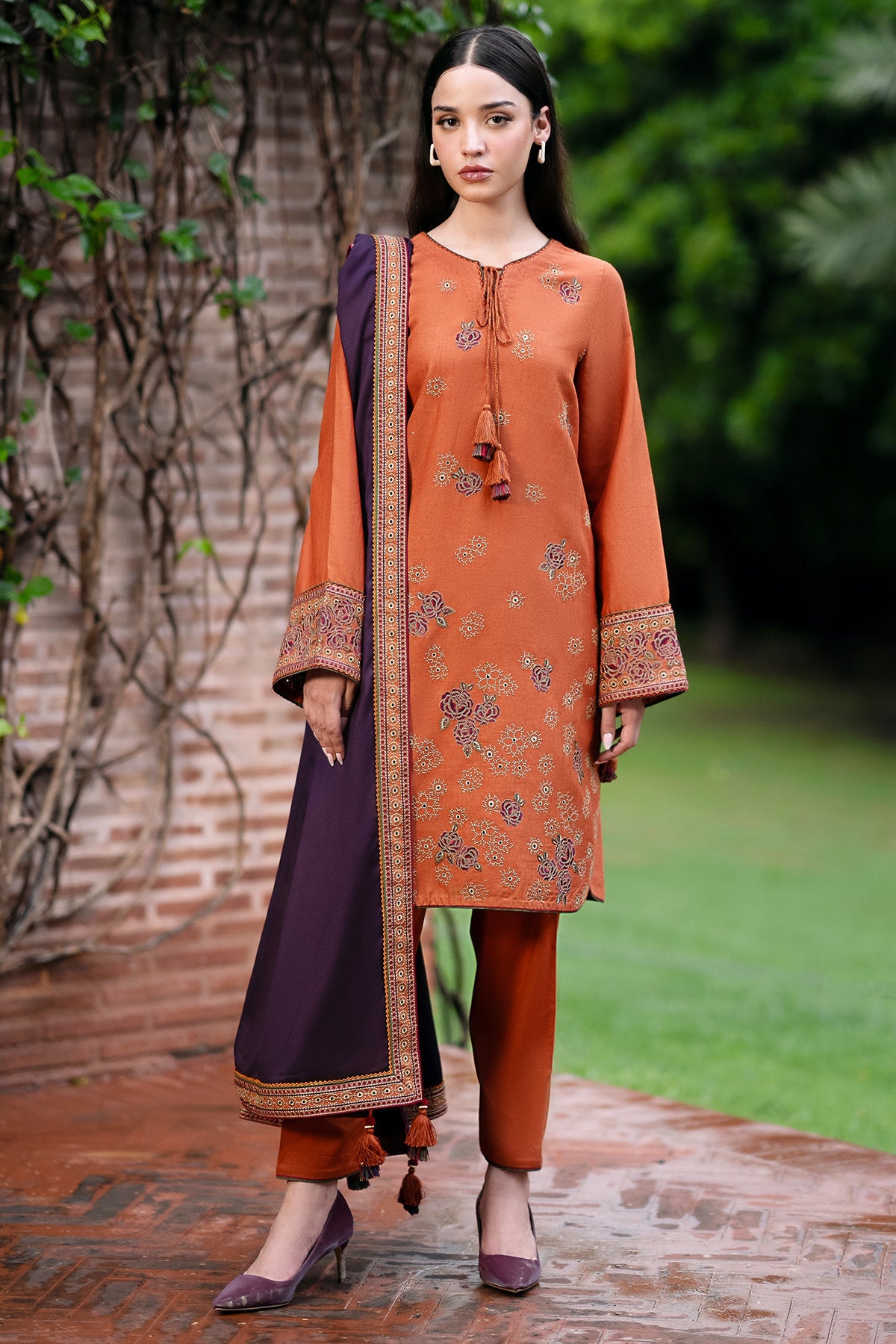 Embroidered Khaddar Orange Stitched Suit - Jazmin