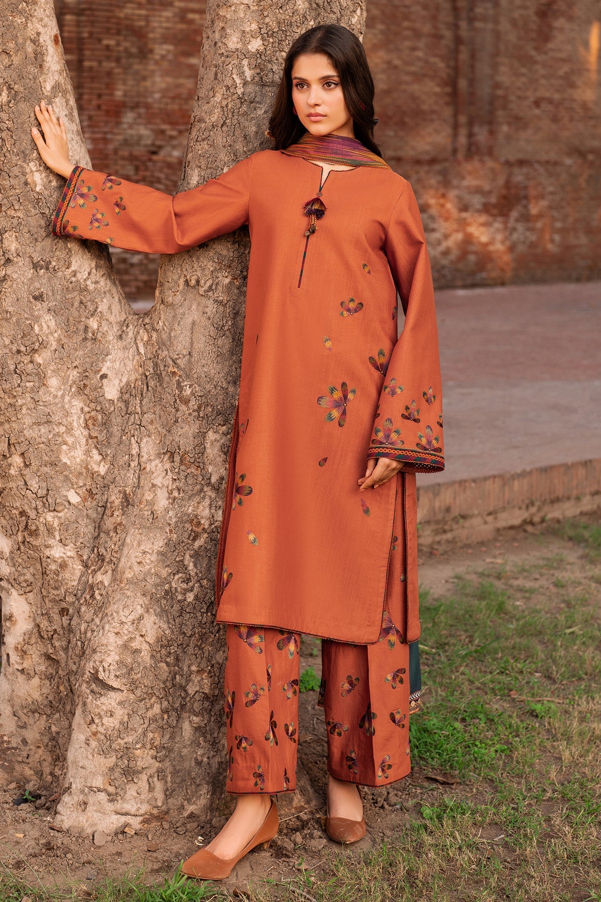 Embroidered Slub Khaddar Mustard Stitched Suit - Jazmin