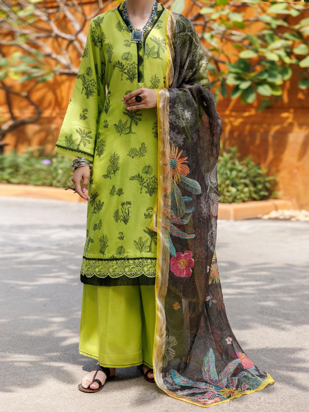 Danier Jacquard Lime Green Unstitched Suit - Almirah