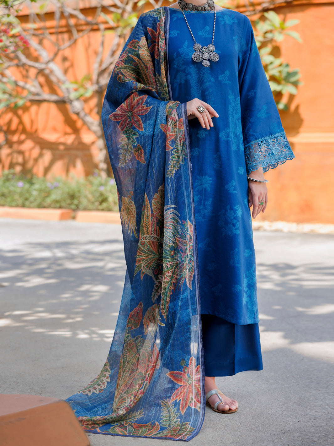 Jacquard Blue Stitched Suit - J. Junaid Jamshed