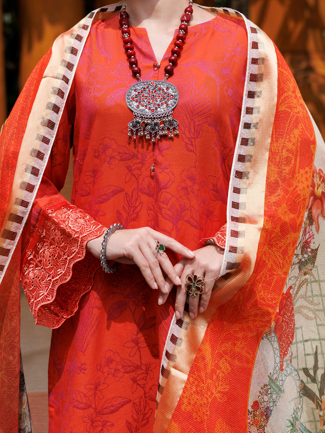 Jacquard Orange Stitched Suit - J. Junaid Jamshed