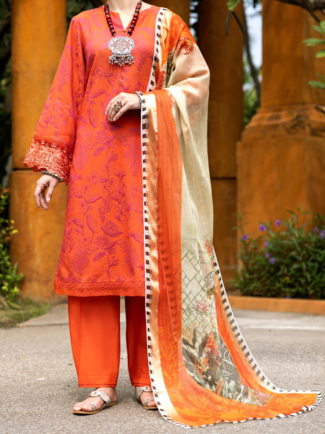 Jacquard Orange Stitched Suit - J. Junaid Jamshed