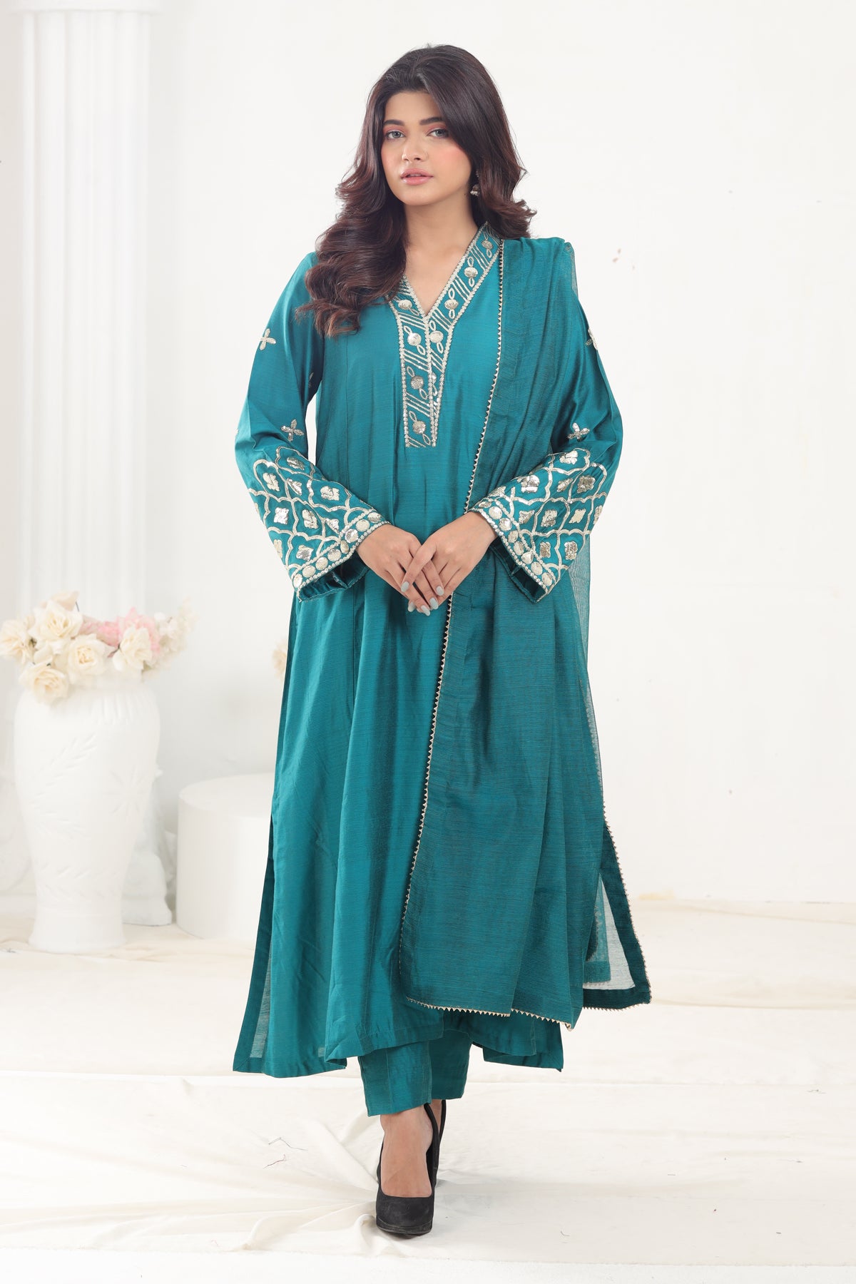 Cotton Silk Sea Green 3 Piece Stitched Suit - Stonez