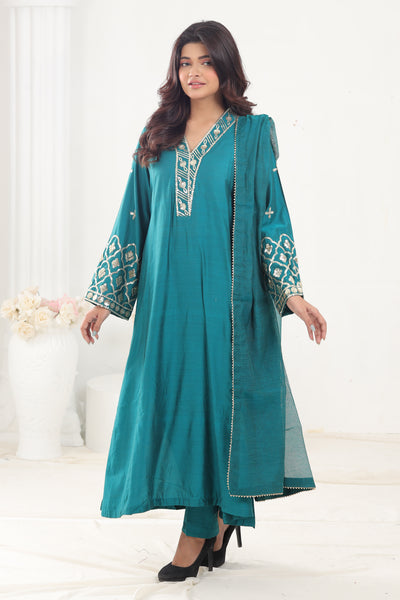 Cotton Silk Sea Green 3 Piece Stitched Suit - Stonez